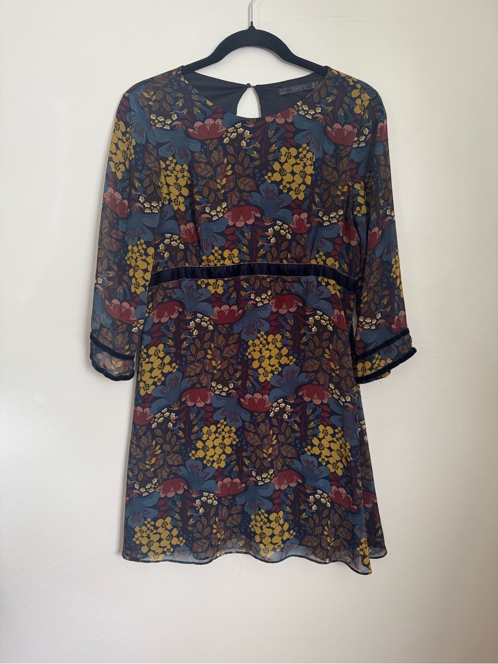Zara Navy Floral Shift Dress with Mustard and Wine Accents